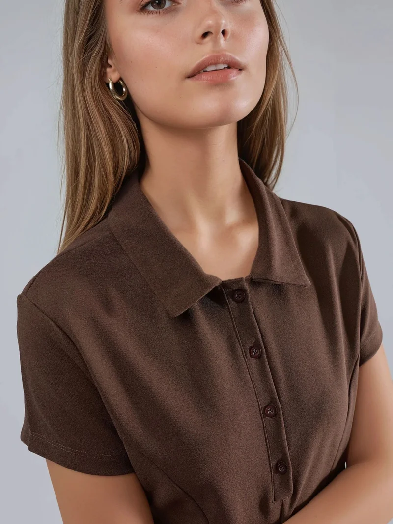 Busem Coffee Brown Crepe Mini Dress with Button Closure and Polo Collar for Women | Best Price UAE